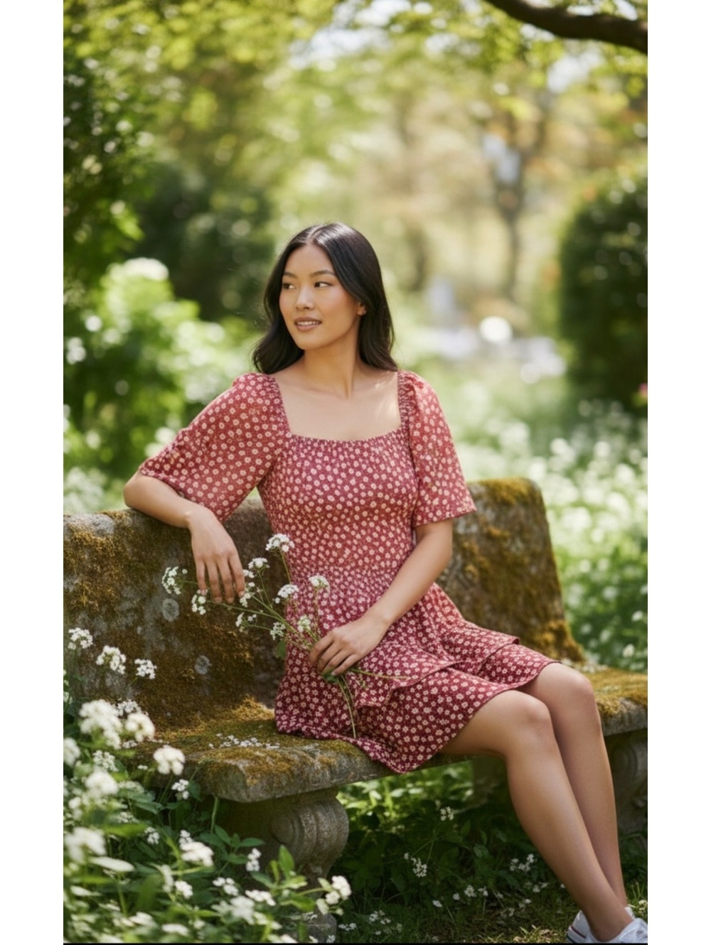 PrettyGarden Red Floral Puff Sleeve Dress with Tiered Skirt